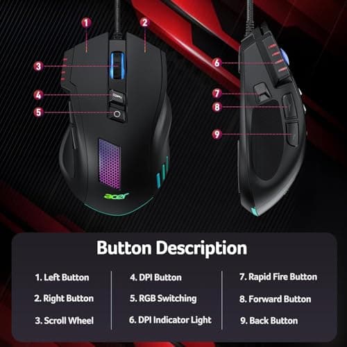 acer Wired Gaming Mouse, 12,800 DPI RGB Ergonomic Computer Mouse with Optical Sensor, 8 Programmable Buttons, 12 Backlit Modes, Software for DIY Keybinds, Rapid Fire, USB Gaming Mice for Laptop, PC - Thumbnail 3