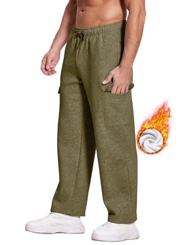 Deyeek Men's Jogger Sweatpants Open Bottom Cargo Sweatpants for Men Baggy Fleece Lined Sweat Pants Thick Cotton Lounge Sweats Olive Green - Thumbnail 6