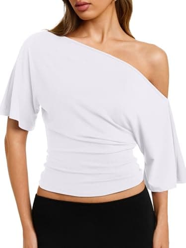 REORIA Womens Off The Shoulder Tops Y2k 2026 Summer Cinched Waist T-Shirts - Image 1