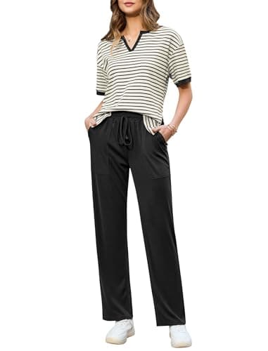 difficort 2 Piece Sets for Women Lounge Set Summer Travel Vacation Outfits Fashion Clothes Matching Sets Womens Clothing Short Sleeve Striped Tops And Wide Leg Pants Black Apricot Stripe XL - Image 1