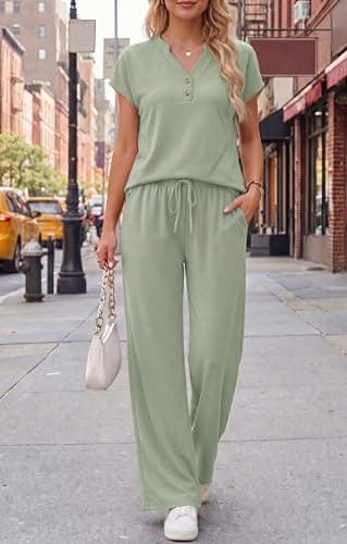 JINKESI Two Piece Sets for Women Summer Outfits Lounge Sets V-neck Tops Wide Leg Pants Vacation Travel Casual Outfit Gray Green-M - Thumbnail 2