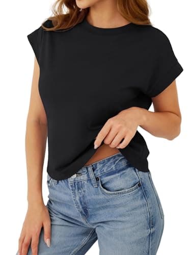 GKBK Cotton Cap Sleeve Womens Tops Crop High Neck Short Sleeve Summer Cute Casual Shirts Boxy Spring Clothing Outfits Black - Thumbnail 3
