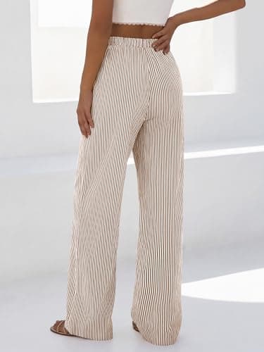 BTFBM Striped Wide Leg Pants for Women Spring Summer 2026 Drawstring Lounge PJ Beach Bottoms Casual Trousers Pockets(Brown, Small) - Thumbnail 3