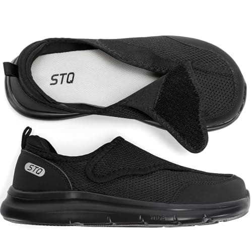 STQ Wide Toe Box Shoes Women Walking Shoe, Hook and Loops Orthopedic Shoes with Arch Support for Seniors, Bunions, Plantar Fasciitis, Hammertoes, Swollen Feet, All Black Size 9 - Image 1