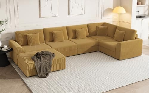 146" Modular Sectional Sofa, Oversized U Shaped Couch, Convertible Sleeper Sofa, 6 Seat Sofa with Chaise, Deep Seat Comfy Cloud Couch with Ottoman and Five Pillows for Living Room, Corduroy, Yellow - Image 1