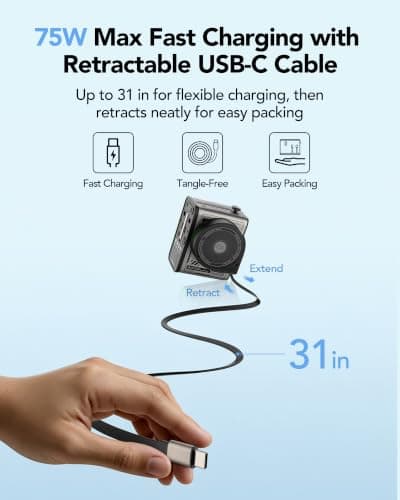 Mfish 75W Universal Travel Adapter with Retractable USB-C Cable, 3 USB-C & 1 USB-A, 1 AC Outlet, International Wall Charger for MacBook, iPhone, iPad, EU/UK/US/AUS, Type A/I/G/C, Grey - Thumbnail 5