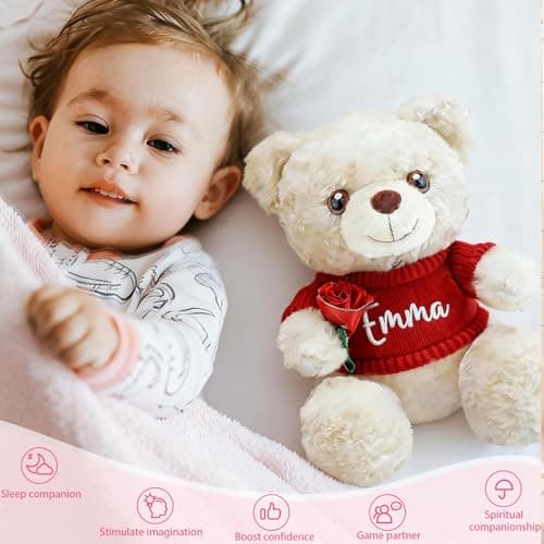 OELTTG 12in Customized Teddy Bear Gift with Rose - Easter Basket Stuffers, Personalized Plush Bear with Embroidered Name, 3 Colors & 9 Outfits | Perfect Easter Birthday Gift for Kids - Thumbnail 6