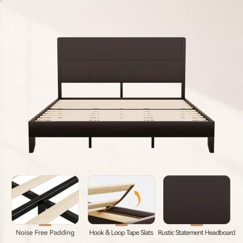 AMICLIBER Wood King Bed Frame, Platform Bed with Tall Headboard, Solid Wood Slat Support, Noise-Free Mattress Foundation, No Box Spring Needed, Easy Assembly, Brown - Thumbnail 5