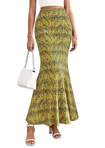 PRETTYGARDEN Women's Maxi Skirt 2026 Summer Flowy Polka Dot Floral High Waisted Mermaid Office Work Spring Long Slip Skirts (Black Yellow Flower,Large) - Image 1