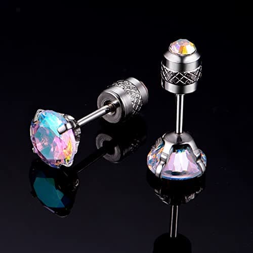 Titanium Screw Back Earrings Surgical Stainless Steel Aurora Borealis Cubic Zirconia Rainbow Fake Diamond Flat Back Stud 316L Hypoallergenic for Sensitive Ear for Women Men Teen CZ Twist Piercing Post - Thumbnail 4