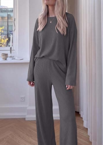 KIRUNDO Spring 2 Piece Lounge Sets for Women Long Sleeve Ribbed Knit Tops Wide Leg Pants Matching Travel Outfits Postpartum(Dark Grey, XX-Large) - Thumbnail 4