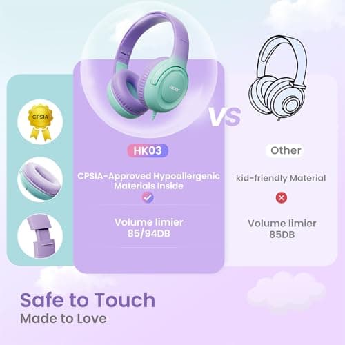 acer Kids Headphones - 85/94dB Volume Limiter, Foldable Wired Over Ear Headphones for Travel, 3.5mm Jack, Toddler Headphones for School, Travel, iPad, Tablet, Purple Green, HK03 - Thumbnail 3