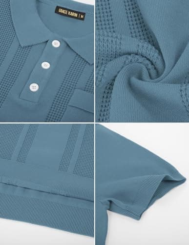 GRACE KARIN Men's Knit Polo Shirt Casual Lapel Collar Button Up Business Golf Polo Tee Shirts for Dinner Grey Blue XXL - Thumbnail 6