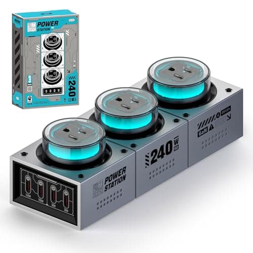 Mfish E-Tank 240W GaN Desktop Charging Station, 7-in-1 Charging Hub with 3 AC Outlets & 4 USB-C Ports (Up to 140W PD 3.1), RGB Desk Power Hub for Gaming Setup, Creator Workstation & Home Office - Image 1