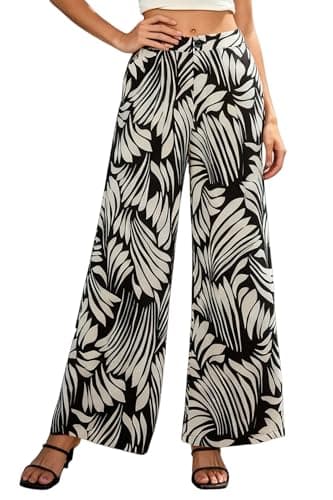 Women Elastic Waist Palazzo Wide Leg Zipper Button Black and White Leaf Print Viscose Rayon Loose Tapered Dress Pant with Pockets for Office Vocation Wear to Work Casual Beach Trouser X-Large XL - Image 1