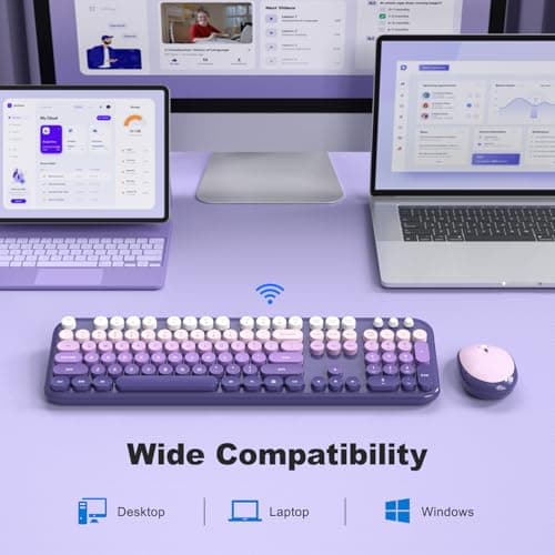 Atelus Wireless Keyboard and Mouse, 2.4G USB Retro Full Size Typewriter Keyboard and Cute Mouse Combo for Windows 7/8/10, Laptop, Desktop, PC, Computer (Purple) - Thumbnail 3