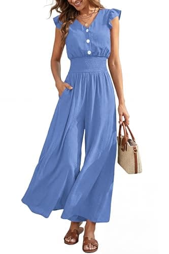 dowerme Women's Jumpsuits Dressy Casual 2026 Summer Ruffle Cap Sleeve V Neck Button Smocked Rompers Wide Leg Overalls(Light Blue,Medium) - Image 1