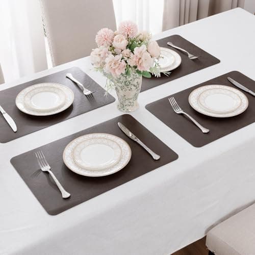 SHACOS Faux Cowhide Leather Placemats Set of 4, Wipeable Heat Resistant Table Mats, Stain Resistant Double Sided Reversible PU Place Mats for Dining Table Kitchen Restaurants, Black Coffee - Thumbnail 5