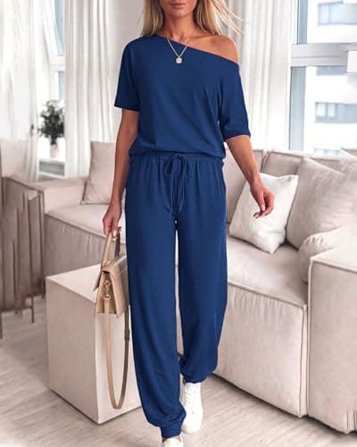 Zenlonr Women Summer 2 Piece Outfits 2026 Off Shoulder Short Sleeve Tops Elastic Waist Drawstring Long Pants Tracksuit(Dark Blue,Small) - Thumbnail 4