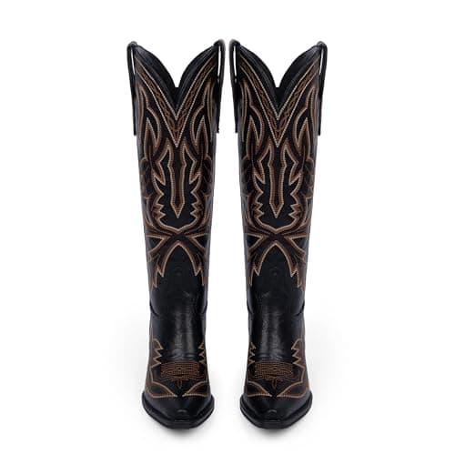 VIUGJNEX Knee High Cowgirl Boots Women Pull on Embroidered Wide Calf Cowboy Boots Women Low Heel Black Boot Womens Pointed Toe Chunky Heel Western Boot Size 6.5 - Thumbnail 6