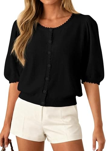 PRETTYGARDEN Puff Short Sleeve Cardigans for Women Lightweight 2026 Summer Shirts Button Up Knit Sweater Tops Spring Clothes (Black,XX-Large) - Image 1