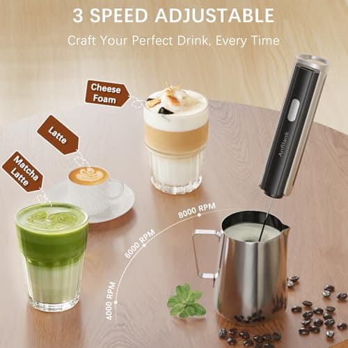 Anfilank Handheld Milk Frother Wand with Folding Stand, Rechargeable Electric Whisk with 3 Speeds & 3 Stainless Heads, Milk Foam Maker with Stand for Latte, Cappuccino, Hot Chocolate, Egg - Thumbnail 3