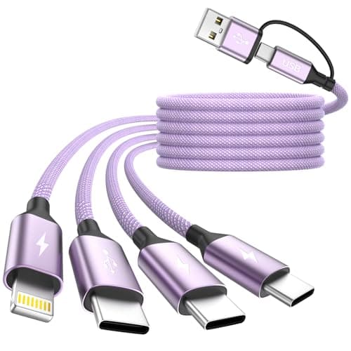 4 in 2 USB A/USB C Cable with 3 Type-C+ 1IP Ports, USB C Splitter Multi Charging Cables for Multiple Devices, Travel Essentials Car Charger Cord for iPhone17-12/Android/Pad and More (1Pack 5FT Purple) - Image 1