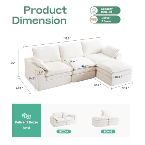113" Modular Sectional Sofa, Oversized L-Shape Cloud Couch with Deep Seat, Modern Boneless Couch with Side Pockets，Upholstered Sectional Couch for Living Room, No Assembly Required,Chenille,Beige - Thumbnail 2