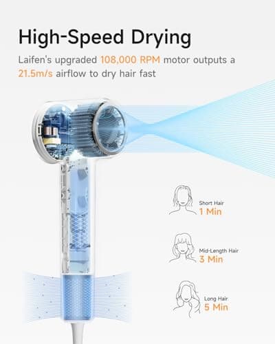 Laifen Hair Dryer SE 2, 200 Million Negative Ionic Blow Dryer with Child Mode and 108,000 RPM Brushless Motor, Fast Drying High-Speed Low Noise Hairdryer with Magnetic Attachments, HD130 - Thumbnail 2