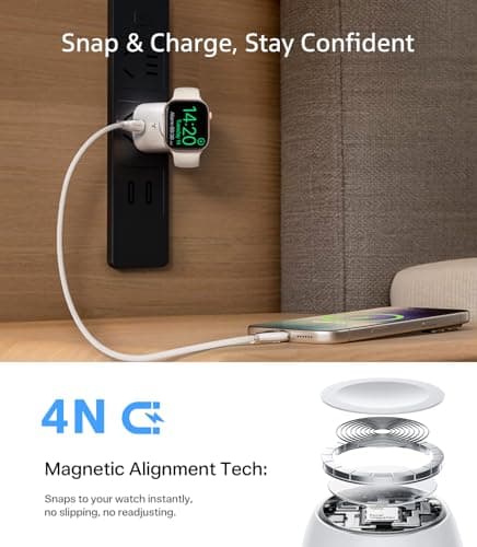 TORRAS Flasheye for Apple Watch Charger & iPhone Charger, 2-in-1 GaN 45W USB C Phone Charger, Foldable Compact Wall Charger Block for Travel, Bedside, Fast Charging for iPhone,iPad,AirPods, Warm White - Thumbnail 4