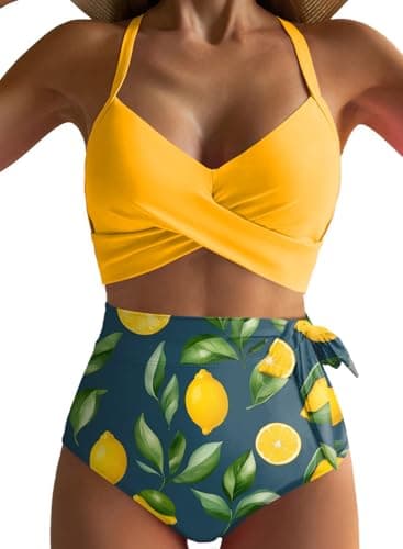 Dokotoo Tummy Control Swimsuits for Women Two Piece High Waisted Bikini 2025 Set Summer Holiday Adjustable Straps Front Cross Tie Up Bathing Suit Swimming Suits Plus Size,Yellow Large - Image 1
