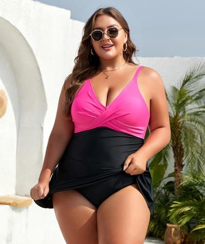 Women Plus Size Swim Dress Tummy Control One Piece Swimsuit Cute Tie Knot - Thumbnail 3