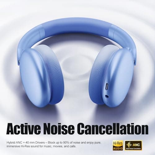 Wentronic Y06 Noise Cancelling Headphones,58H Playtime and 5 EQ Music Modes Wireless Over Ear Bluetooth Headphones with Microphone,Lossless Audio,Multipoint Connection,Foldable,Lightweight,Blue - Thumbnail 2