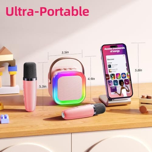 Kinglucky Mini Karaoke Machine for Kids, Top Birthday Gift Pick for Girls Ages 3, 4, 5, 6, 7, 8, 9, 10, 11, 12 Years Old, Kids' Personal Video Players Accessories with 2 Mics Singing Present Toy, Pink - Thumbnail 6