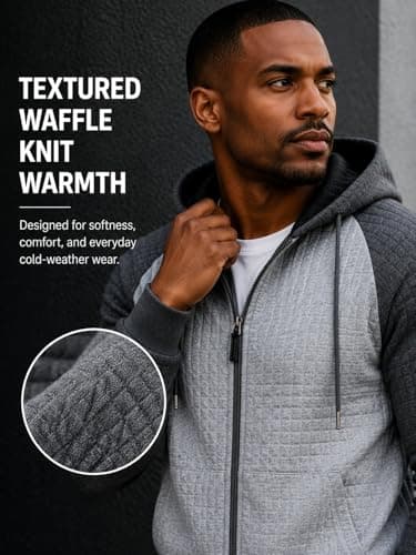 Men's Long Sleeve Hoodie Lightweight Warm Plaid Jacquard Sweatshirt Zip Up Casual Waffle Knit Jackets with Pocket - Thumbnail 3