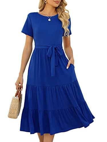 Lyrur Sundress for Women Short Sleeve Tiered Midi Dress Ruffle Babydoll Casual Summer Sun Dresses with Pockets(M,9191-Royal) - Image 1