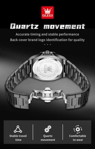 OLEVS Black Watches for Men Luxury Stainless Steel 42MM Big Face Mens Black Watch Dress Casual Waterproof Fashion Watches for Man Quartz Sleek Look for Outdoor Travel Relojes para Hombres - Thumbnail 6
