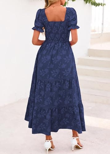Lazysmile Women's Summer Boho Floral Maxi Dress Short Sleeve Square Neck Smocked Ruffle Elegant Wedding Guest Dress Navy - Thumbnail 2