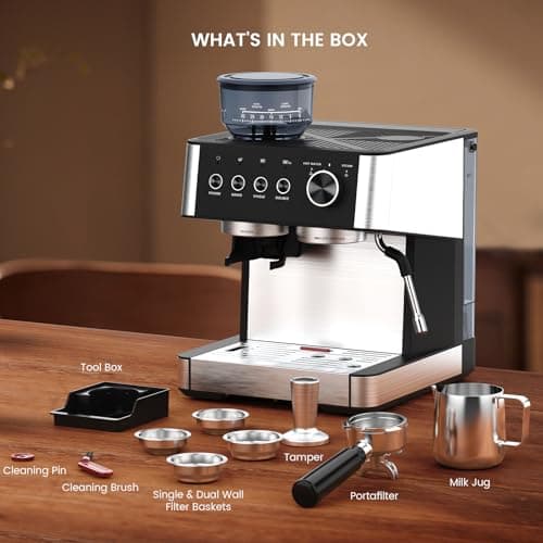 Joy Pebble 15 Bar Espresso Machine with Grinder & Milk Frother, All-in-One Coffee Maker for Home Baristas, 30-Position Grinder, 2.9L Removable Tank,for Cappuccino Latte - Thumbnail 6