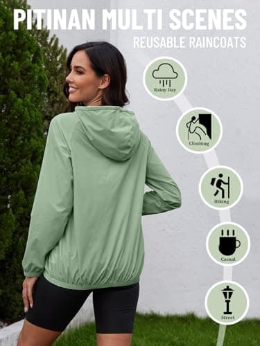 PITINAN Lightweight Rain Jacket Women Packable Rain Coat Women Waterproof Wind breaker Jacket Womens Raincoat with Hood for Hiking Outdoor Travel Green XXL - Thumbnail 3