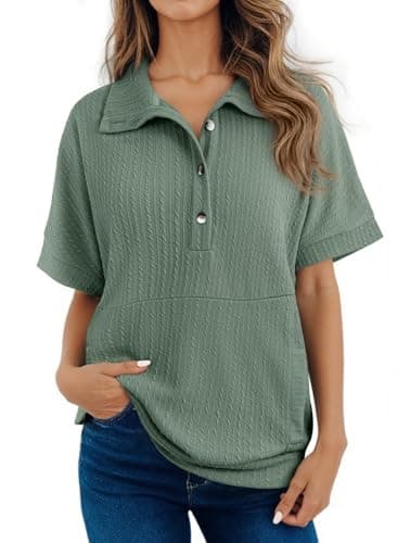 Dokotoo Summer Tops for Women 2025 Short Sleeve Shirts for Women Button Down Lapel V Neck Oversized Shirts Textured Ladies Tops and Blouses Tunic Tops Loose Fit Dressy Trendy Outfits Clothes Green XL - Image 1