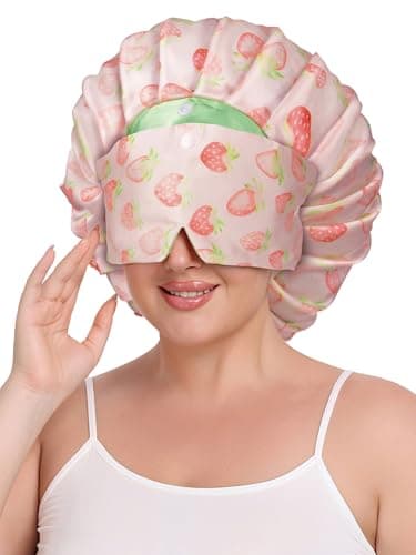 Vettres Pleated Silk Sleeping Bonnet with Eye Mask Double Layer Satin Hair Bonnets Sleep Cap for Curly Natural Hair Pink Green Strawberries - Thumbnail 2