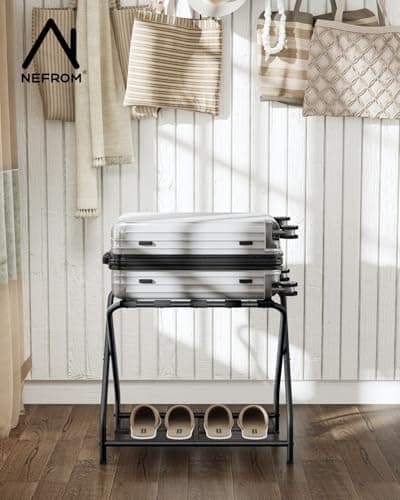 NEFROM Luggage Rack with Storage Shelf, Foldable Suitcase Stand, Heavy Duty Metal Luggage Holder, 150 lbs Top Capacity, 50 lbs Bottom Shelf, for Guest Room, Bedroom, Hotel LR-BK-1 - Thumbnail 6