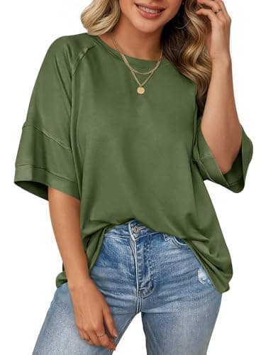 Cicy Bell Womens Oversized T-Shirts Summer Crew Neck Half Sleeve Tunic Tops Casual Loose Fit Basic Tee Shirt Army Green - Image 1
