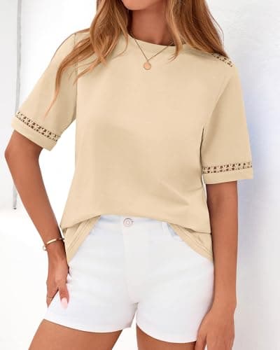 BTFBM Short Sleeve Shirts for Women 2026 Lace Summer Tops Spring Casual Loose Crew Neck T-Shirt Cute Vacation Outfits(Apricot, Small) - Thumbnail 6