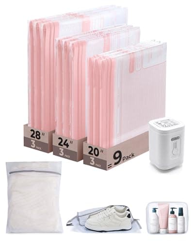 BAGSMART Vacuum Bags for Travel with Rechargeable Air Pump, Portable Space Saver Bags for Travel & Home, Vacuum Compression Seal Bag for Clothing, Blanket, 12 Pack Pink