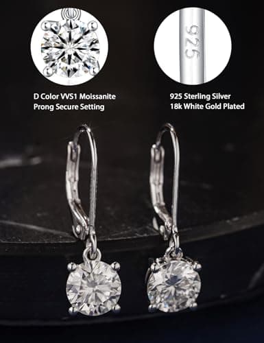 YODEWA Moissanite Earrings for Women, 1CT/Pair D Color Brilliant Round Cut 18K White Gold Plated Sterling Silver Leverback Drop Dangle Earrings 5.0mm - Thumbnail 2
