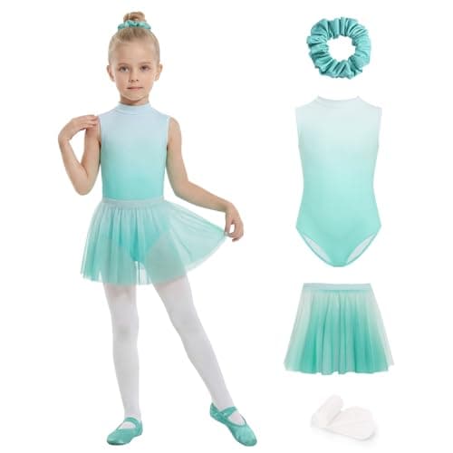 JiAmy Dance Leotard for Girls 4 Pcs with Removable Skirt Gradient Color Dance Dress Outfit Combo Tights Scrunchy 5-6Y,Green - Image 1
