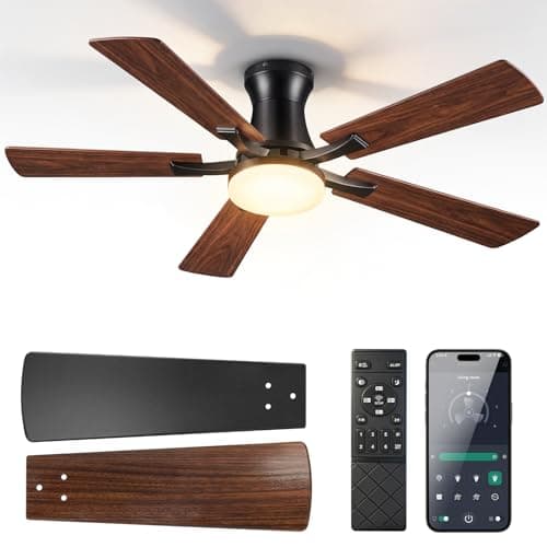 Torkley Ceiling Fans with Lights, 42 inch Low Profile Ceiling Fan with Light and Remote/APP Control, Flush Mount, Reversible, 3CCT, Dimmable,Quiet,Black Ceiling Fan for Bedroom, Indoor/Outdoor Use - Image 1