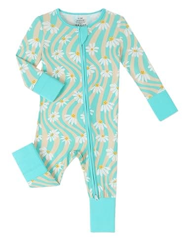 Joonberry Infant Baby Girl Clothing Bamboo Rayon Footies, Newborn outfit Footed Long Sleeve Jumpsuit with Zipper and Mitten Cuffs (Chrysanthemum Wavy, 6-9M) - Image 1